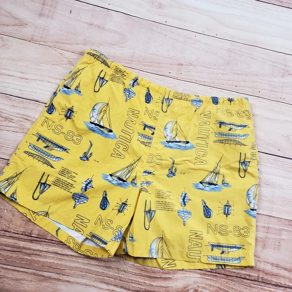 VINTAGE Nautica Swim Trunks‎ Mens Large Yellow Blue Short Sail Boats Adult 90s